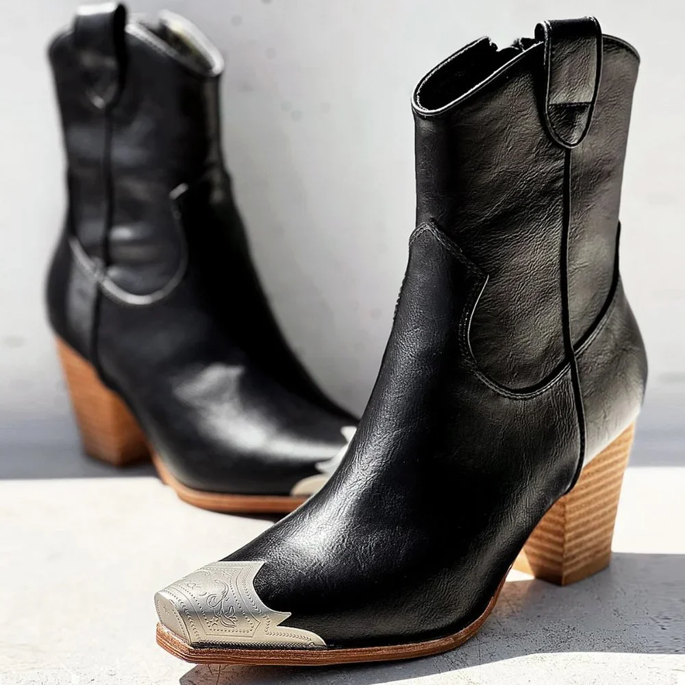 NEW Black PU Leather Metal Cap Toe Block Heel Cowgirl Cowboy Western Ankle Boots - Picture 1 of 14
